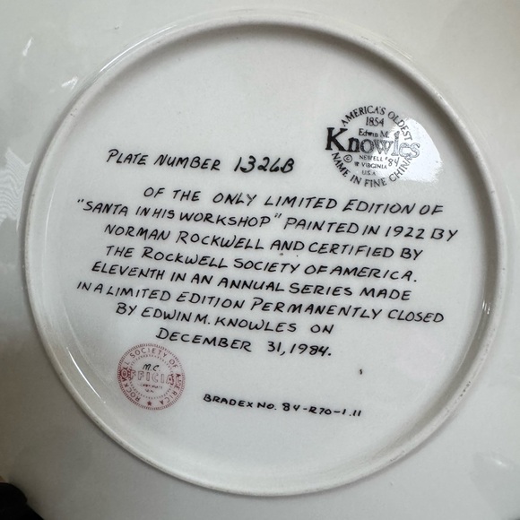 1984 Knowles Norman Rockwell “Santa in his Workshop” 8” Collectible Plate - Picture 6 of 6